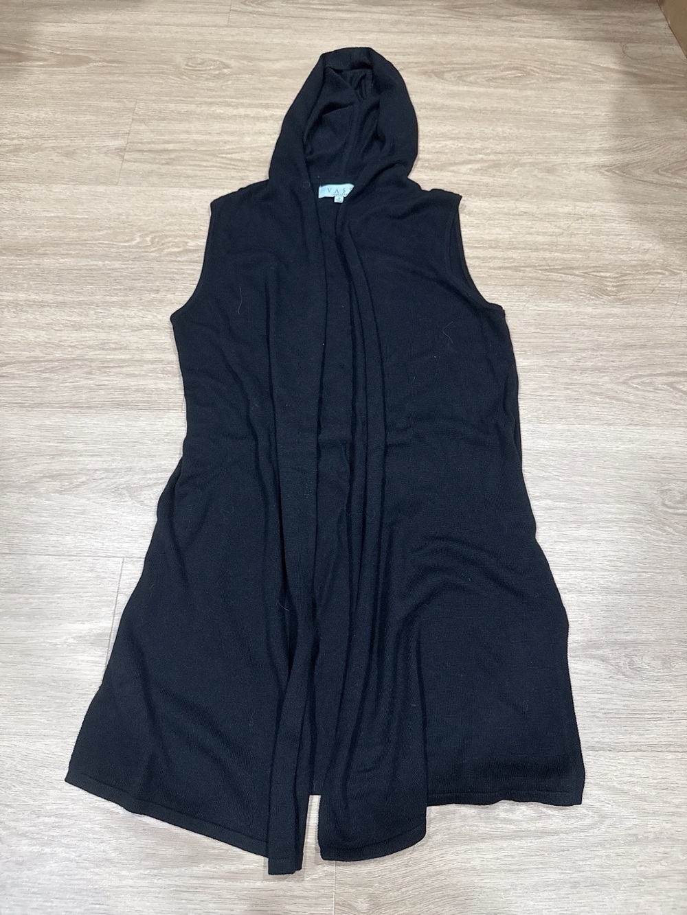 Joan Vass Black Sleeveless Hooded Long Cardigan